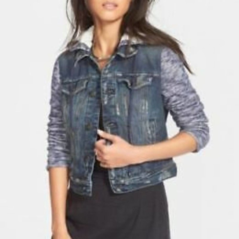 Free People Mixed Media Space Dye Knit Hooded Denim Jean Jacket Blue Size XS - Picture 8 of 8
